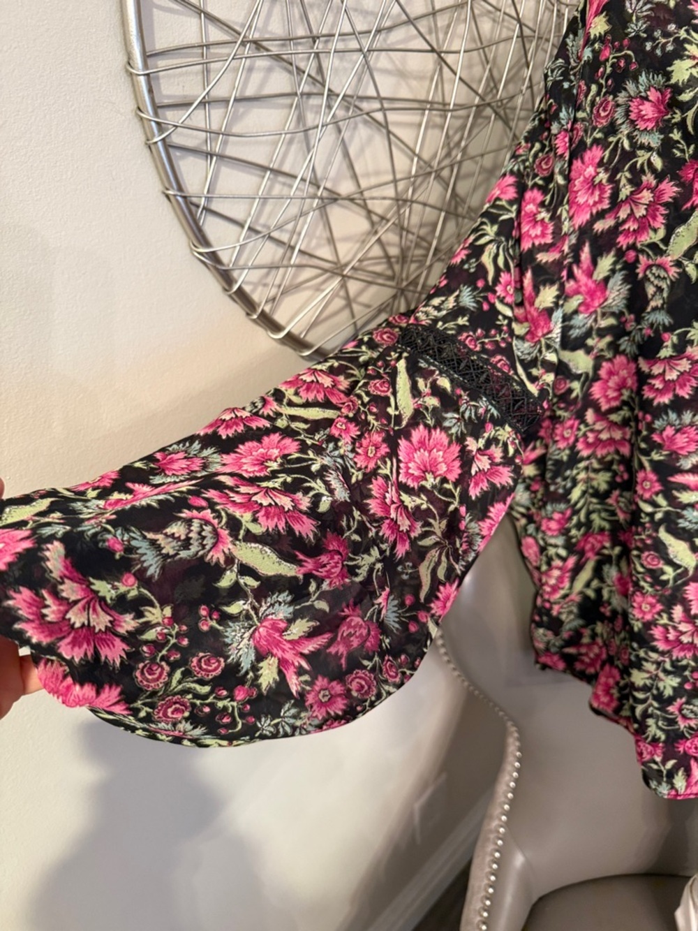 MISA Floral Tie-Neck Blouse in Pink and Black - Picture 3 of 7